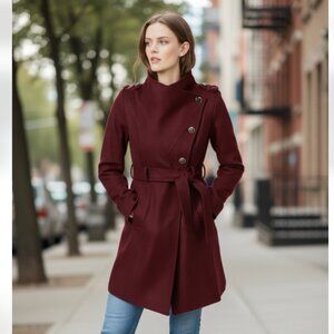 NWT GUESS Asymmetrical Belted Wrap Coat Maroon / Wine Wool Blend